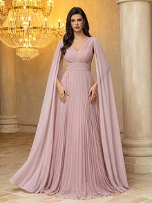 SUPGIR Gaun Chiffon Berlipit dengan Leher V dan Detail Kerut di Bagian Dada, Lengan Mengembang, Cocok untuk Pesta & Gaun Malam - Berwarna merah muda - View 1