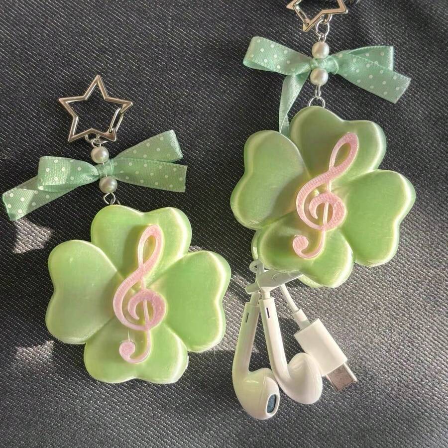 Four-Leaf Clover Earphone Cable Organizer, Korean Ins Style Cute Bow Pendant, Data Cable Storage Tool, Portable Wired Earphone Cable Management, Pink Musical Note Heart-Shaped Earphone Storage Box, Backpack Charm Accessory - Multicolor - View 1