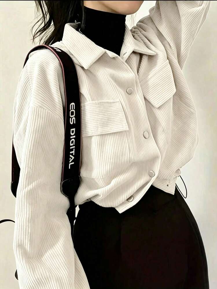 Women's Autumn Casual Corduroy Jacket With Drawstring Hem - White - View 2