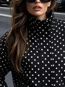 Jaket Pendek Kasual Wanita Model Vintage Warna Hitam dengan Motif Polkadot, Tali Serut, Bahu Jatuh, Potongan Longgar, Cocok untuk Perjalanan Sehari-hari - Hitam dan Putih - View 8