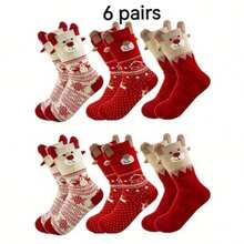 1/3/6/12 Pairs Women's Red Mid-Calf Socks, Printed With Santa Claus, Snowman And Reindeer Patterns, Suitable For Matching Christmas Outfits - Multicolor - View 12