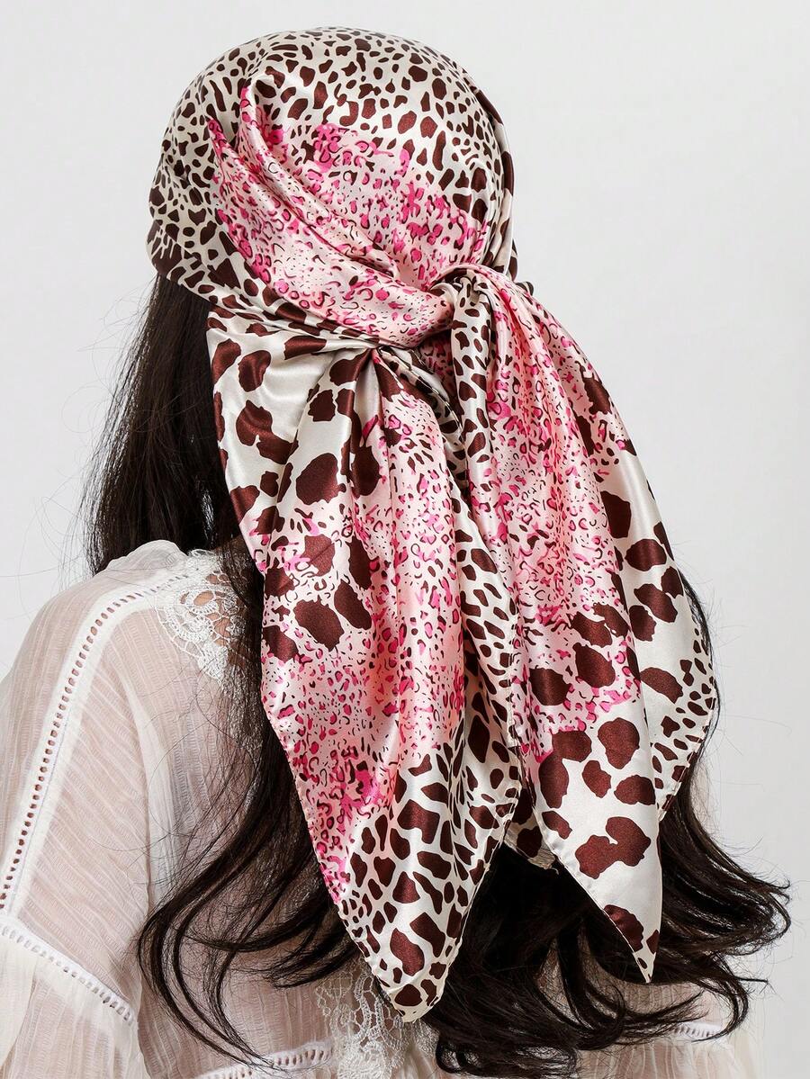 1pc Leopard Print Imitated Silk Scarf Women Casual Headscarf, Fashionable Square Scarf Shawl Suitable For DailyWear - Multicolor - View 1