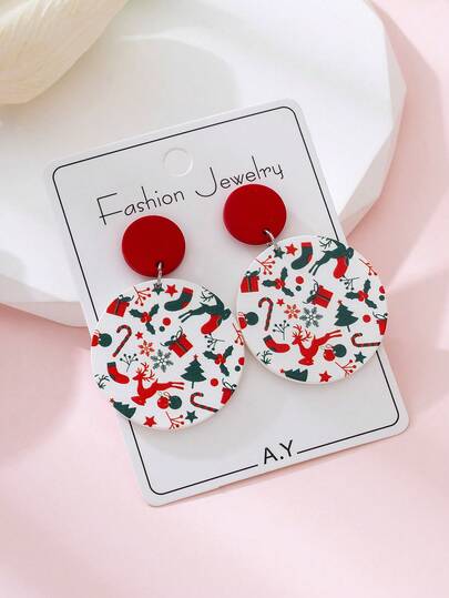1 Pair Christmas Cute Reindeer Gift Box Print Design Women's Fashion Jewelry Earrings, Perfect Gift For Holiday Parties
