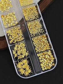 12-Grid Mixed 3D Metal Caviar Beads Nail Art Decoration Set (Stars & Metal Rivets), Cool Punk Y2K Style Rhinestone Nail Art Decor, Suitable For DIY Nail Art & Handmade Decoration - Gold - View 4