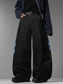 Men's American Street Jeans, Embossed Printed Fake Back Pockets, Niche Design, Versatile All-Season Long Pants (No Belt & Accessories Included) - Black - View 2