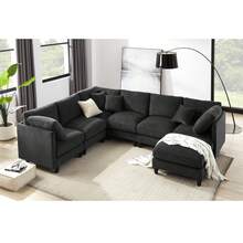 Modular Combination Sofa, L-Shaped Sofa For 7 Seats, Sectional Sofa Couches, Free Combination, Removable Modules With Wooden Legs And Upholstery, U-Shaped Sofa For Living Room, Large Space, Color Just Between Black And Grey - Black - View 12