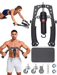 1set Adjustable Resistance Hydraulic Arm Exerciser, Power Chest Builder With Rolling Wheels & Knee Pad, Household Upper Body Strength Training Fitness Gear - Multicolor - View 2