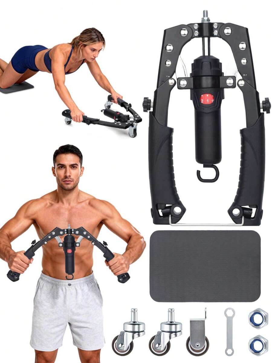 1set Adjustable Resistance Hydraulic Arm Exerciser, Power Chest Builder With Rolling Wheels & Knee Pad, Household Upper Body Strength Training Fitness Gear