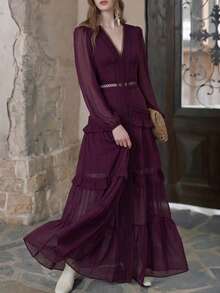 Women's Elegant Deep V-Neck Wedding Guest Long Sleeve Bohemian Vintage Fitted Lace Modest Dress, Fashionable Ruffle A-Line Hollow Out Dress Party - Redwood - View 7