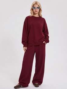 KyrLssu Sweatshirt Lengan Panjang Kerah Bulat Longgar Kasual untuk Wanita - Merah - View 5