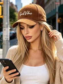 1pc/2pcs Vintage Corduroy Baseball Cap For Women, Printed With "Good Vibes" Letter, Adjustable Strap, Spring/Autumn Street Style Hat - Multicolor - View 4