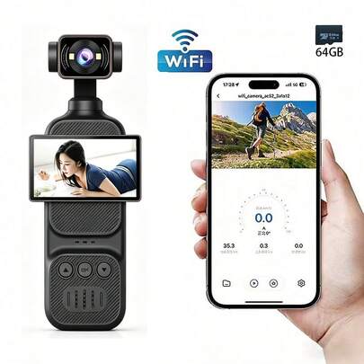 Cámara digital portátil de mano con pantalla giratoria abatible, rotación frontal/trasera de 180°, rotación lateral derecha de 90°, compatible con flash, disparo nocturno, enfoque automático, modo paisaje/retrato, tarjeta SD integrada de 64GB y batería de 3000mAh