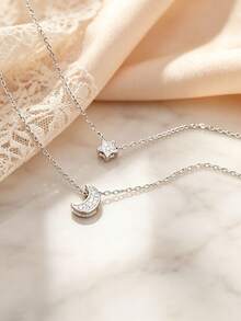 1pc S925 Sterling Silver Inlaid Synthetic Zirconia Exquisite Star & Moon Double Layer Design Necklace, Elegant Elegant Women's Daily Wear, Quality Jewelry Gift For Lovers On Festivals And Anniversaries - Silver - View 2