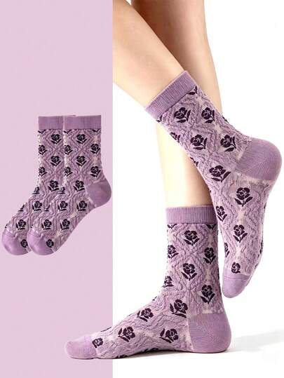 1/5 Pairs Vintage Purple Embossed Floral Mid-Calf Socks For Women. Gentle Taro Purple 3D Jacquard Floral Long Socks. Early Autumn Versatile Slouch Socks.