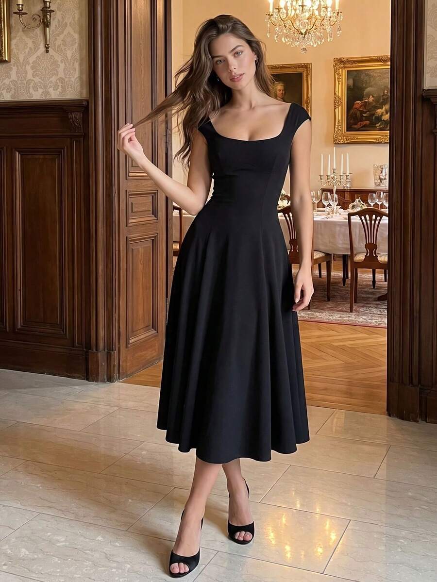 QUNGIGU Elegant Women's Dress Square Neck Long A Line For Wedding Guest Cocktail Party Evening Wear - Black - View 1