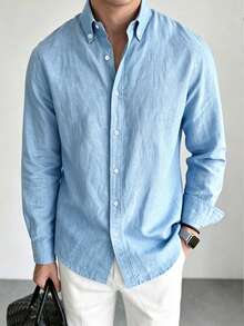 Mercer Haus Men's Pure Cotton Long Sleeve Shirt, Casual Business Solid Color Commuter Shirt - Blue - View 4