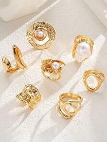7/3pcs Asymmetrical Pearl Flower Rings, Geometric Shape, Tassel Effect, Hollow Round, Multi-Layer Metal Texture, Extra Large Size, Rugged Chic, Elegant Retro, Suitable For Festivals, Parties, Dates, Gifts, Daily Wear - Gold 1 - View 2