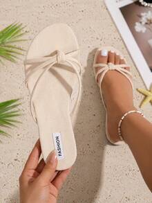 Sommerliche cremefarbene Wildleder-Zehentrenner mit Knoten, weiche Sohle, vielseitige Strandsandalen für Damen mit sanfter Ausstrahlung - Aprikosenfarben - Übersicht 9