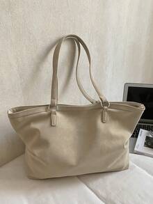 Large Capacity Tote Bag, Retro Style Faux Leather Handbag With Front Pocket For Work & Travel - Beige - View 6