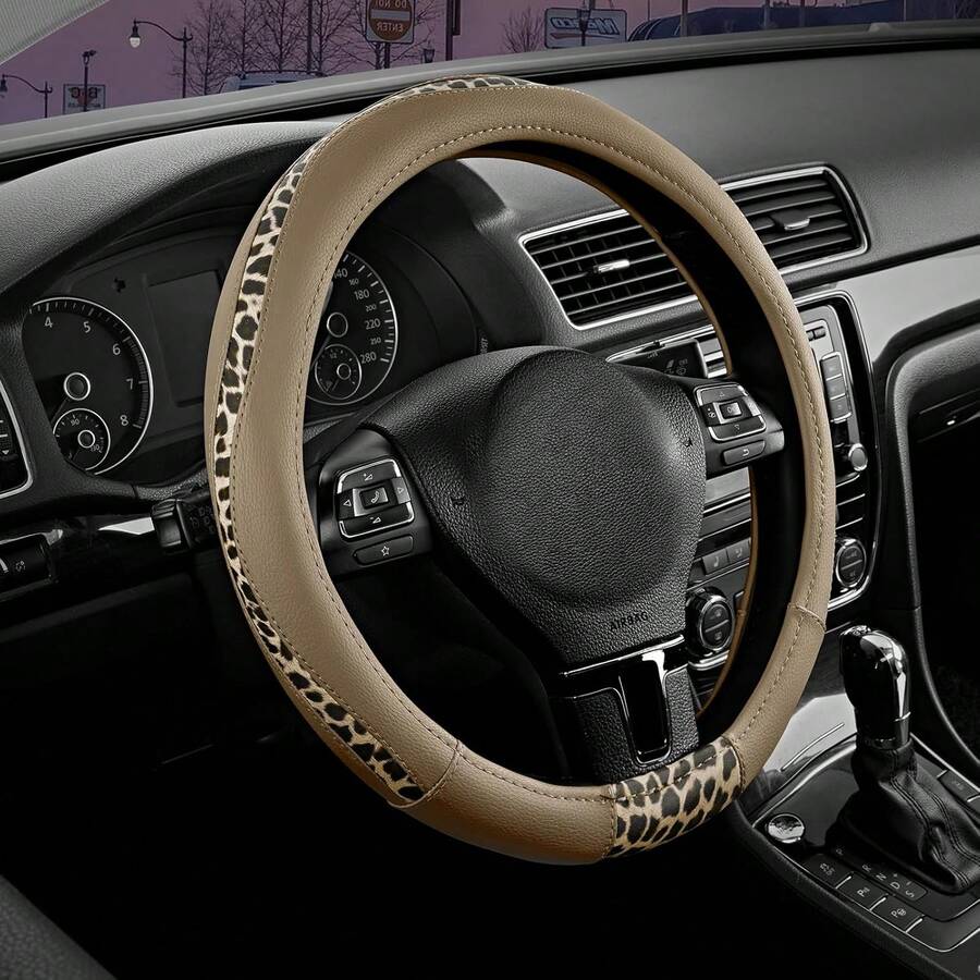 Elegant Leopard Print Patchwork Car Steering Wheel Cover, Patchwork Design With Inner Ring, Fits 15-Inch Steering Wheels, Snug Fit For Original Car, Car Interior Accessory - Multicolor - View 1
