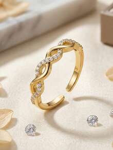 1pc Gold Twisted Rope Zirconia Ring, Adjustable Open Band, Fashionable Gift For Women's Daily Wear - Gold - View 3