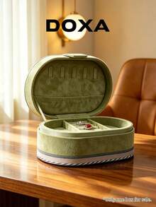 DOXA Avocado Green Velvet Oval Double Layer Jewelry Box With Flip Lid, Necklace Hook, Ring & Earring Travel Portable Storage Box - Green - View 5