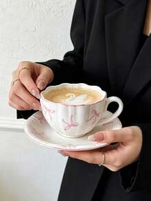 1pc French Girl Style Pink Bow Ceramic Coffee Cup And Saucer Set, Delicate High-Temperature White Porcelain Material, Wavy Rim, Pink Edge Trim, Hand-Painted Soft Pink Bow Print, Rounded Comfortable Handle; Suitable For Latte, Fruit Tea, Milk, Home Afternoon Tea, Office Drinking, Cafe Display, Girly Desktop Decor, Exquisite Holiday Gift And Other Various Occasions - Multicolor - View 3