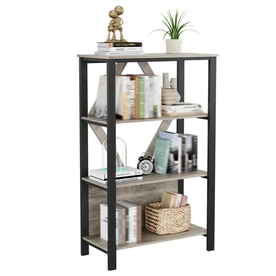 Librería/Estantería industrial con luces LED RGB regulables, estantes abiertos de madera y metal, mueble auxiliar independiente para oficina en casa, salón o dormitorio, estilo rústico vintage - Gris de 4 niveles - Ver 1