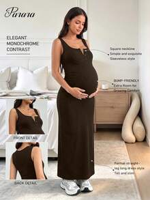 Parara Maternity One-Piece Long Pants Tank Top V-Neck High Elasticity Dress, Comfortable And Fashionable Maternity Dress Summer - Brown - View 1