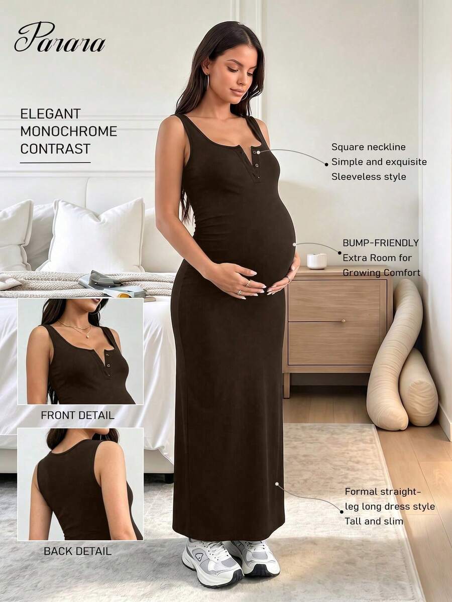Parara Maternity One-Piece Long Pants Tank Top V-Neck High Elasticity Dress, Comfortable And Fashionable Maternity Dress Summer - Brown - View 1