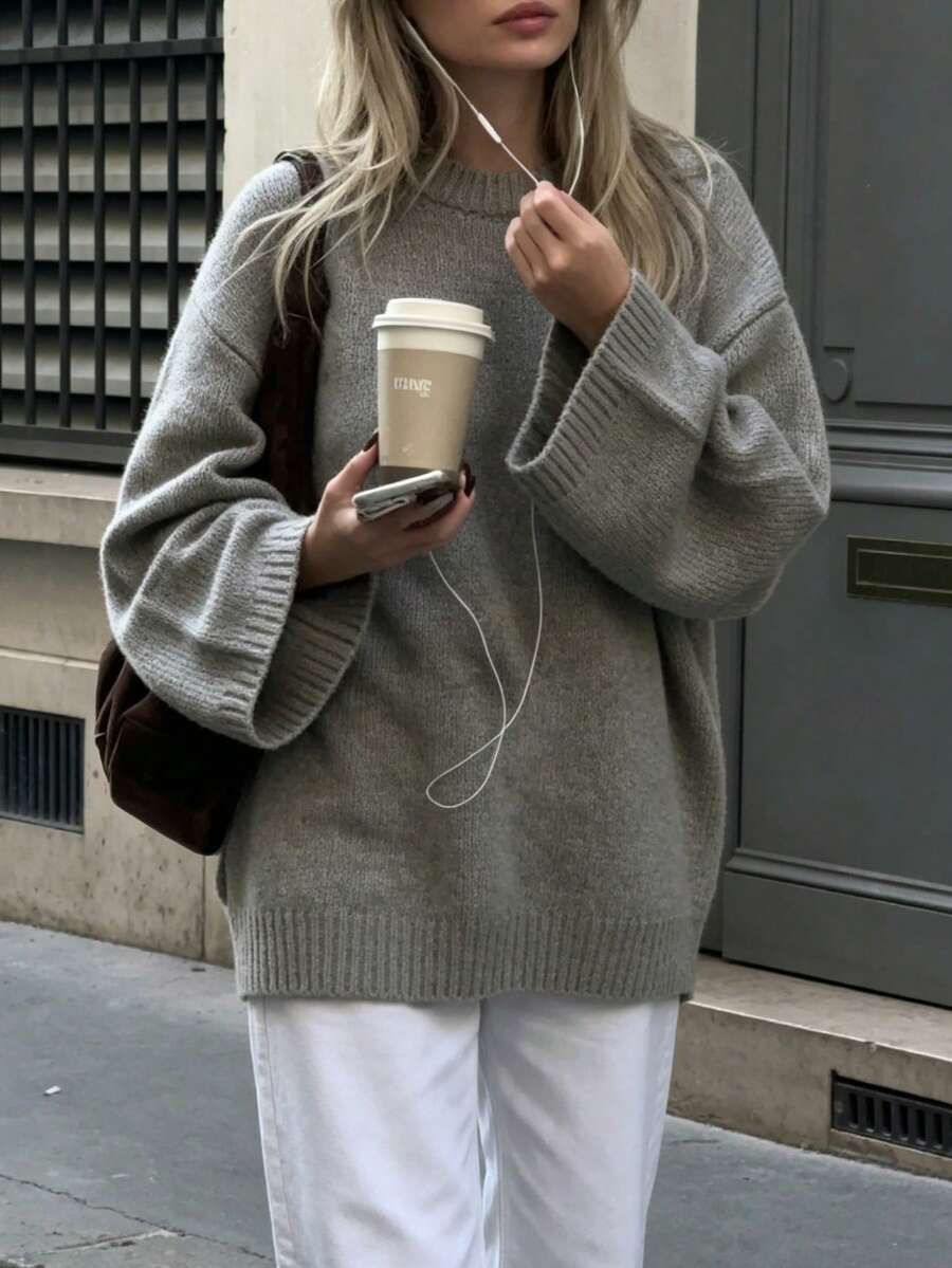 Women's Loose Drop Shoulder Round Neck Knit Sweater, Long Sleeve Solid Grey Oversized Casual Everyday Pullover - Grey - View 1