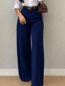 Women's Tailored Wide Leg Trousers With Button And Zipper - 藏蓝色 - 查看 1