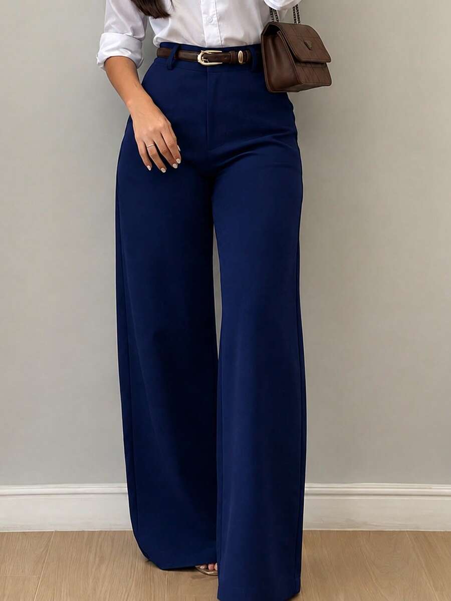 Women's Tailored Wide Leg Trousers With Button And Zipper - 藏蓝色 - 查看 1