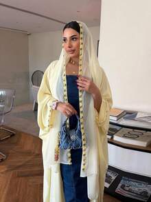 Summer Fashion Long Dress With Patchwork Ribbon And Floral Design, Includes Headscarf - Yellow - View 4