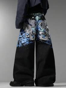 Men's American Street Jeans, Embossed Printed Fake Back Pockets, Niche Design, Versatile All-Season Long Pants (No Belt & Accessories Included) - Black - View 5