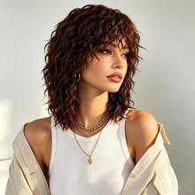 Natural Messy Medium-Long Curly Wavy Wig In Black And Brown, Heat-Resistant Synthetic Fiber, Suitable For Daily Wear, Parties And Halloween, With Bangs - Multicolor - View 8