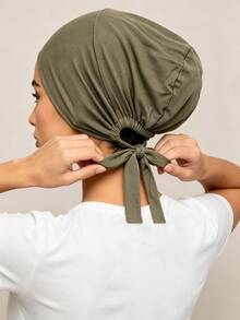 1pc Women's Solid Color Tie-Up Elastic Headscarf With Lining, Headwrap - Army Green Upgraded Version - View 4