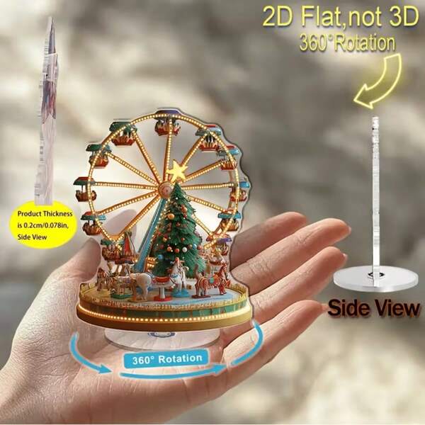 Halloween Flat Rotating Acrylic Desktop Decoration - Colorful Ferris Wheel With Christmas Tree And Carriage Scene, 360° Rotation, Battery-Free, Suitable For Office Desk Or Coffee Shop Home Decor, Holiday Office Decoration | Holiday Scene Decoration | Acrylic Structure, Christmas Decoration, 2D Flat