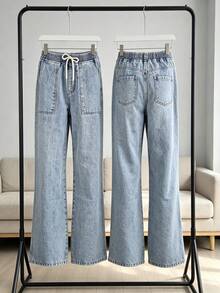 Pantalones vaqueros de corte amplio con cinturón elástico y cordón, bolsillos de trabajo amplios, tela suave lavada para disimular las piernas y favorecer la silueta casual diaria - azul claro - Ver 1