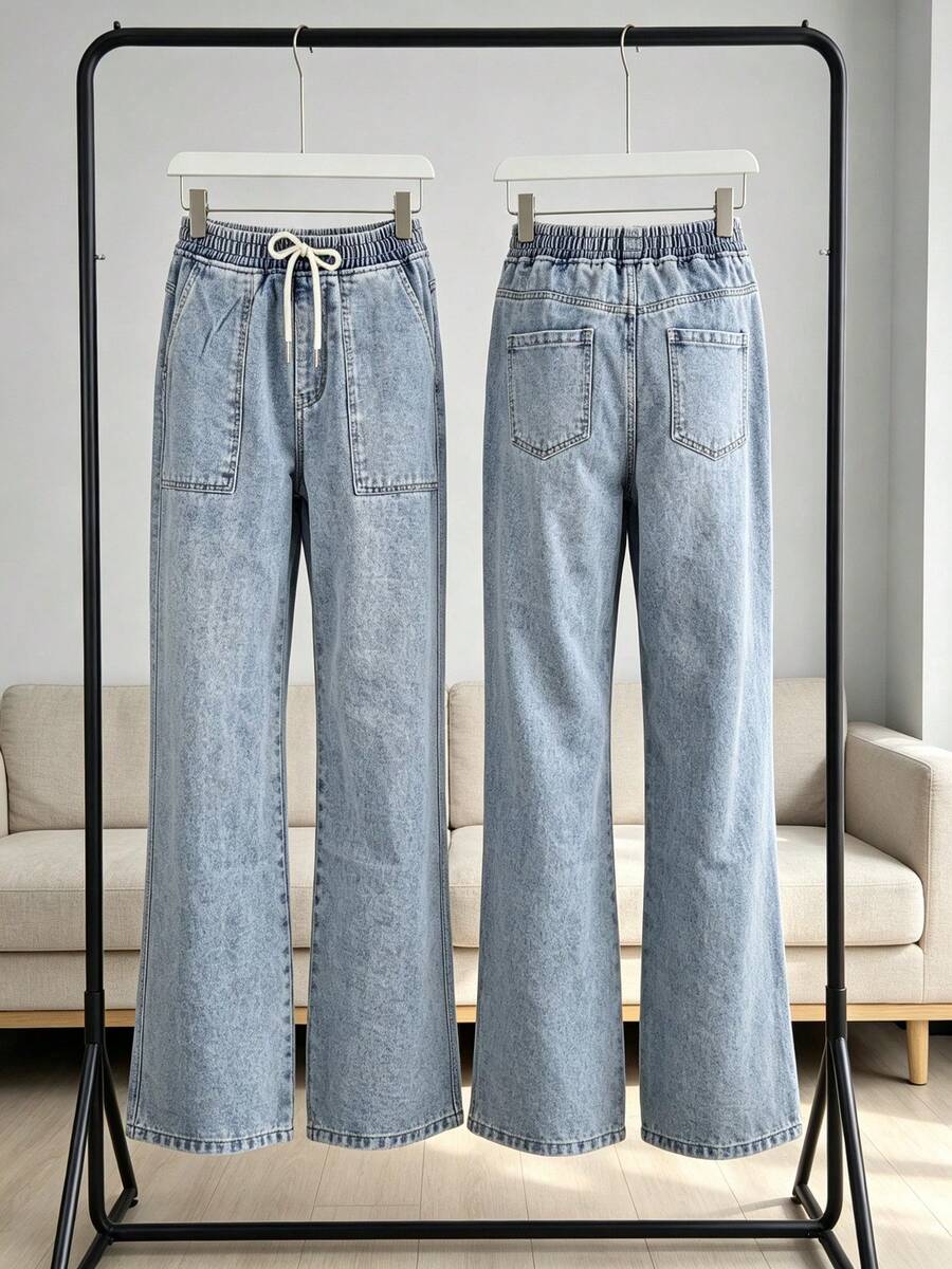 Pantalones vaqueros de corte amplio con cinturón elástico y cordón, bolsillos de trabajo amplios, tela suave lavada para disimular las piernas y favorecer la silueta casual diaria - azul claro - Ver 1
