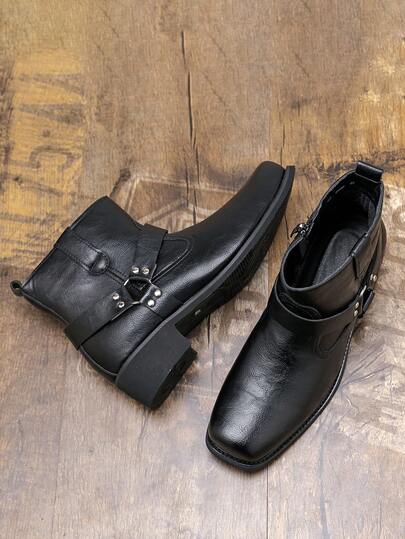 Men's High Heel Square Toe Chelsea Boots, Height Increasing British Style Side Zipper Cross Strap Ankle Boots, Business Casual Fashion Boots