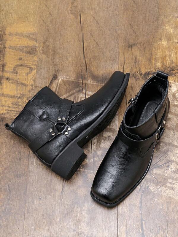 Men's High Heel Square Toe Chelsea Boots, Height Increasing British Style Side Zipper Cross Strap Ankle Boots, Business Casual Fashion Boots