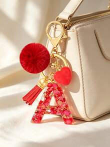 Cute Initial Red Heart Gold Foil Stone Tassel Pom Pom Keychain Resin Drip Glue Minimalist Personalized Key Chain For Women Bags Daily Wear And Gift - Red - View 3