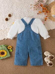 Baby Girl Spring/Autumn Sweet Cute Floral Overalls 2-Piece Set, Puff Long Sleeve White T-Shirt With 3D Flower, Wide Leg Overalls With Large Side Pockets, Playful And Adorable, Soft And Comfortable Casual Outfit For Toddlers - White - View 4