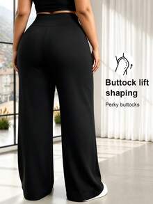Women's Plus Size Wide Leg Pants, Versatile Wide Leg Pants, High Elastic Waist Fabric, Suitable For Sports, Casual, Party And Vacation Occasions - Black - View 5