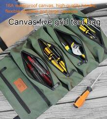 Conjunto de bolsa de ferramentas portátil preta com alça de mão e fecho de segurança, design compacto e dobrável com 4 bolsos individuais para organizar suas ferramentas, feita de tecido Oxford resistente à água, acessório versátil para manutenção de bicicletas, eletrônicos e pequenos reparos domésticos. - A - Visão 10