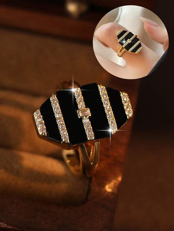 1pc Hip Hop Geometric Stripe Openable Rings Vintage Cubic Zirconia Witch Wind Ring For Halloween Banquet, Prom, Party Copper Decoration
