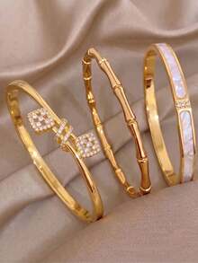3‑Pcs Gold‑Plated Stainless‑Steel Bangle Set, Chain‑Link Paved Zirconia Cuff, Bamboo‑Joint Bracelet, Mother‑Of‑Pearl Shell Wrist Jewelry For Women - Gold - View 10