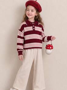 Girls Striped Knit Polo Sweater, Long Sleeve Casual Pullover Top For School, Daily Wear, Weekend & Autumn Winter - Multicolor - View 3