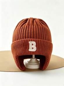 1pc Baby Winter Knit Hat, Toddler Thick Warm Letter Knit Beanie, Comfortable Soft Elastic Thick, Suitable For Winter Outings - Brown - View 6